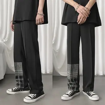 Осенние клетчатые костюмные брюки, мужские мешковатые прямые брюки с драпировкой, Корейские студенческие неглаженые костюмные брюки, Черные модельные брюки