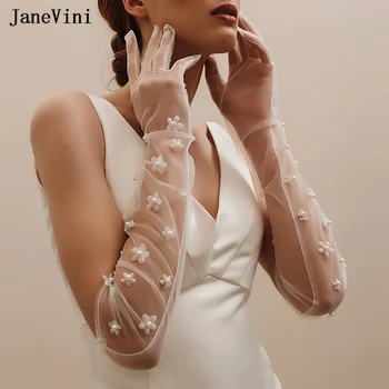 JaneVini, белые Свадебные перчатки Длиной 55 см, Цветы ручной работы, Жемчуг, Тюлевые перчатки на полный палец, женское свадебное платье, аксессуары для вечеринок