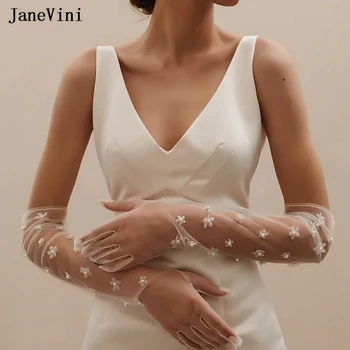 JaneVini, белые Свадебные перчатки Длиной 55 см, Цветы ручной работы, Жемчуг, Тюлевые перчатки на полный палец, женское свадебное платье, аксессуары для вечеринок Изображение 2