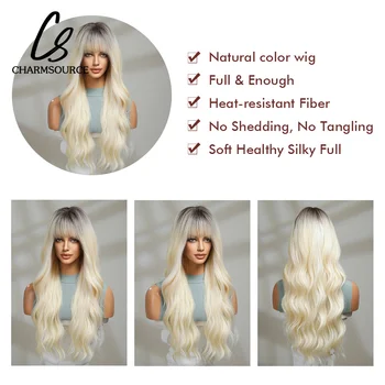 CharmSource Платиновый Блондинистый Парик, Длинные Волнистые Парики с челкой для женщин, Высококачественный Синтетический парик для Косплея, термостойкие волосы Изображение 2