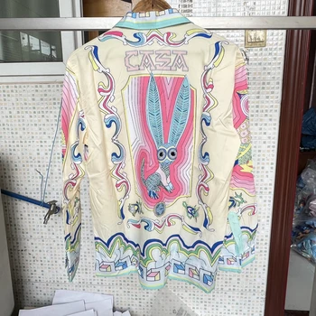 Длинные Ножницы, Красочная рубашка с принтом Кролика, Тонкая Шелковая Одежда Для Мужчин И Женщин, Высококачественная Гавайская Длинная рубашка для Пляжного отдыха, Блузка