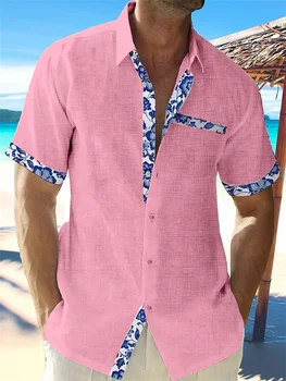 Летняя модная мужская гавайская льняная рубашка 2023, мужская повседневная пляжная рубашка с кружевным принтом, карман, короткий рукав, куртка размера плюс, 5 цветов.