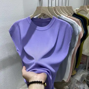 Летняя женская футболка 2023, модная трикотажная блузка Оверсайз, Футболки с коротким рукавом, однотонная женская футболка из ледяного шелка с круглым вырезом