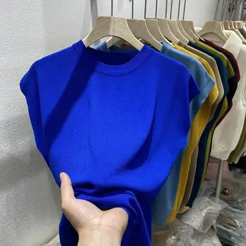 Летняя женская футболка 2023, модная трикотажная блузка Оверсайз, Футболки с коротким рукавом, однотонная женская футболка из ледяного шелка с круглым вырезом Изображение 2
