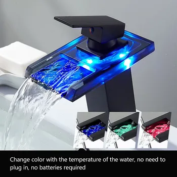 Трехцветный светодиодный светильник с регулируемой температурой, кран для умывальника с водопадом, таз, раковина, горячая и холодная вода для ванной комнаты