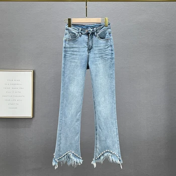 Узкие джинсы для женщин, Новинка 2023 года, весенне-летние эластичные джинсовые брюки с высокой талией, облегающие брюки с бриллиантами, расшитые бисером, Джинсовые брюки для девочек