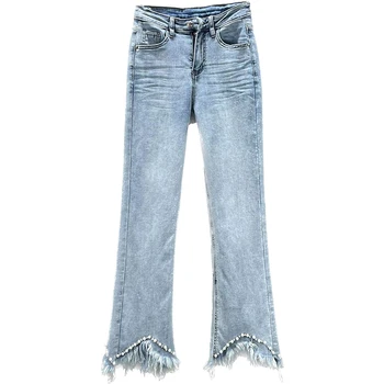 Узкие джинсы для женщин, Новинка 2023 года, весенне-летние эластичные джинсовые брюки с высокой талией, облегающие брюки с бриллиантами, расшитые бисером, Джинсовые брюки для девочек Изображение 2