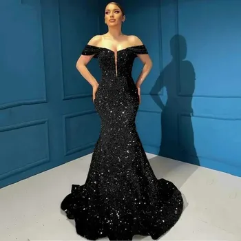 Очаровательные Вечерние платья с Черными блестками, Блестящая Русалка с открытыми Плечами, Женские Вечерние платья Vestidos De Fiesta 2023, Арабский