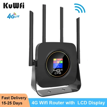 KuWFi 4G Wifi Маршрутизатор с Sim-картой 300 Мбит/с, 4 Антенны, ЖК-дисплей, Мобильная точка доступа Wi-Fi, LTE-маршрутизатор, Встроенный аккумулятор 3000 мАч