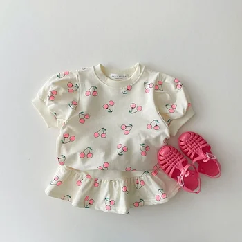 Новый Летний комплект детской одежды с принтом вишни для маленьких девочек, хлопковая футболка с короткими рукавами и юбки, комплект из двух предметов для маленьких девочек Изображение 2