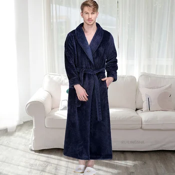 Зимний толстый теплый фланелевый халат для Влюбленных, Мужское удлиненное Кимоно, банный халат, Женский мягкий, как шелк, халат для мужчин, ночные халаты Изображение 2