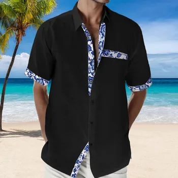Рубашка для пляжного отдыха, рубашка-кардиган с коротким рукавом, мужская рубашка с контрастным отворотом на пуговицах, свободная дышащая