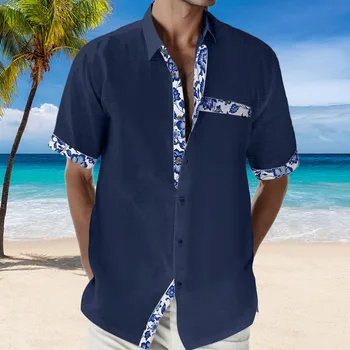 Рубашка для пляжного отдыха, рубашка-кардиган с коротким рукавом, мужская рубашка с контрастным отворотом на пуговицах, свободная дышащая Изображение 2