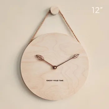 Деревянные настенные часы с подвесной веревкой, креативные часы в скандинавском минимализме, украшение для домашней гостиной, настенные часы Изображение 2