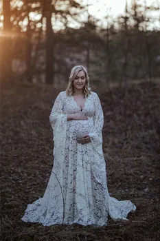 Элегантное платье для беременных в стиле Бохо, Кружевные Длинные рукава, Милая шея, цветочные полые аппликации, Женское платье для беременных на заказ