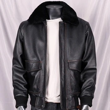 Черная кожаная куртка пилота G1 в стиле милитари, Европейский Размер XXL, натуральная воловья кожа, зимнее толстое теплое Свободное авиационное пальто Изображение 2