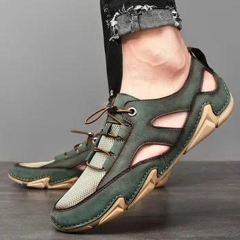 Летние удобные мужские сандалии, высококачественные сетчатые дышащие уличные сандалии, модная мужская обувь ручной работы на плоской подошве, большой размер 46 Изображение 2