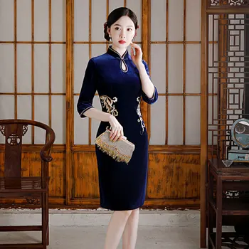 Цветочная вышивка, сексуальные Велюровые Ципао большого размера, воротник-стойка, темно-синие платья, китайские вечерние платья