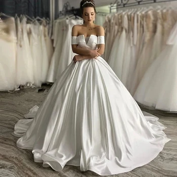 Простые Атласные Свадебные Платья для Женщин 2023, Бальное Платье с V-образным вырезом, Большие Размеры, Белое Платье Принцессы, Vestidos De Noiva