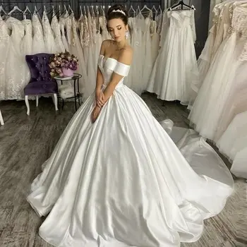Простые Атласные Свадебные Платья для Женщин 2023, Бальное Платье с V-образным вырезом, Большие Размеры, Белое Платье Принцессы, Vestidos De Noiva Изображение 2