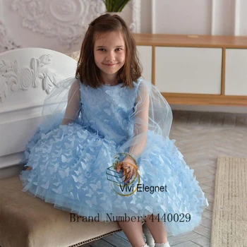 Элегантные Небесно-Голубые платья в цветочек для девочек из мягкого тюля 2023, Платья для свадебных вечеринок с длинными рукавами, длиной до колен, с овальным вырезом
