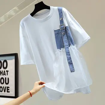 Сетчатая клетчатая футболка с коротким рукавом, расшитая бисером, Женская 2023, Весна-лето, Свободная корейская футболка с буквенным принтом, Модная