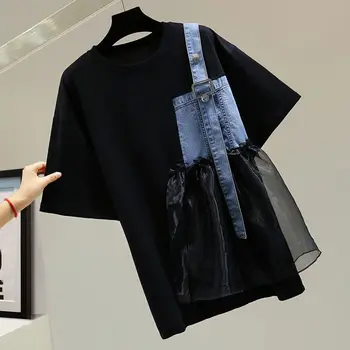 Сетчатая клетчатая футболка с коротким рукавом, расшитая бисером, Женская 2023, Весна-лето, Свободная корейская футболка с буквенным принтом, Модная Изображение 2
