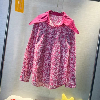 Женская Рубашка с принтом в форме сердца, Весенне-Осенние топы с длинными рукавами, Повседневная Свободная Блузка, Топы