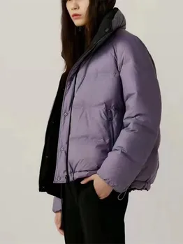 Женская укороченная куртка-пуховик со стоячим воротником, Однобортное повседневное женское зимнее теплое пальто на молнии с карманами