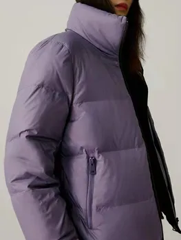 Женская укороченная куртка-пуховик со стоячим воротником, Однобортное повседневное женское зимнее теплое пальто на молнии с карманами Изображение 2