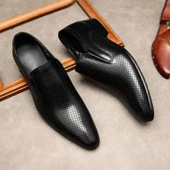 Роскошная Брендовая Мужская обувь из натуральной кожи, черные, Коричневые Дышащие Повседневные мужские модельные туфли с острым носком, Лоферы без застежки, обувь для мужчин