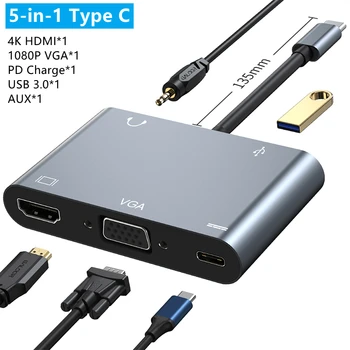 2/3/4/5 в 1 USB C концентратор, совместимый с HDMI, док-станция VGA, расширитель Type C, USB многопортовый адаптер PD для Macbook iPad Xiaomi