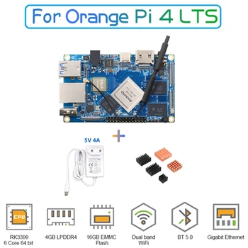 Для Orange Pi 4 4 ГБ LPDDR4 16 ГБ EMMC Rockchip RK3399 Wifi + BT5.0 Радиаторы для 4 Платы разработки EU Plug