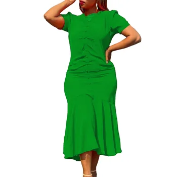 Африканские платья для женщин 2023, Летнее Элегантное Африканское Женское платье из полиэстера с V-образным вырезом, Зеленое, Черное, красное, с коротким рукавом S-3XL Изображение 2