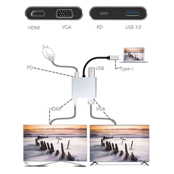 LccKaa USB C, совместимый с HDMI, Тип c-HDMI-совместимый адаптер 4K VGA USB3.0 Аудио-видео Конвертер, адаптер для передачи данных PD 4-в-1 Изображение 2