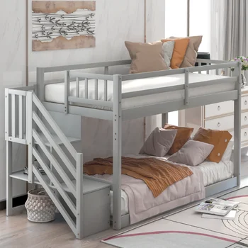 [Флэш-сделка] Двухъярусная кровать на двух этажах, Лестница для хранения серой школьной мебели, Мебели для дома, мебели для спальни, на складе в США