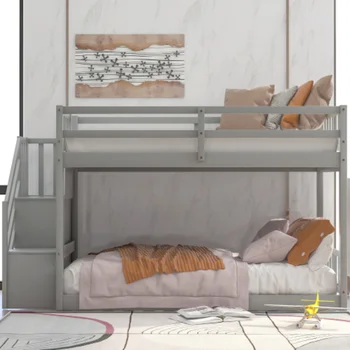 [Флэш-сделка] Двухъярусная кровать на двух этажах, Лестница для хранения серой школьной мебели, Мебели для дома, мебели для спальни, на складе в США Изображение 2