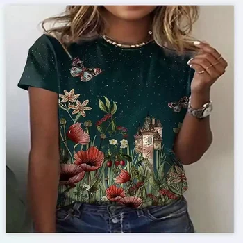 2023 Летняя женская футболка с 3D принтом, зеленые топы с цветочным рисунком, модная женская одежда с круглым вырезом и коротким рукавом, футболки оверсайз футболки