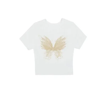 Нежная шикарная короткая футболка с принтом бабочки, женская футболка раннего лета, новая верхняя одежда из чистого хлопка с коротким рукавом для похудения