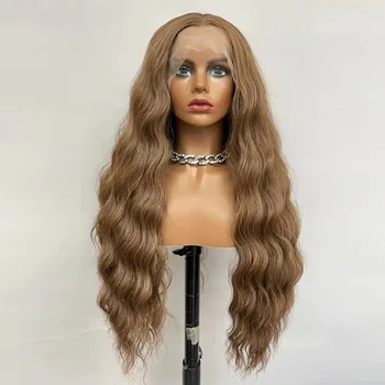 Бесклеевой Синтетический парик на кружеве спереди, Коричневые Длинные Волнистые Парики на кружеве, синтетические волосы, парики для женщин, парики