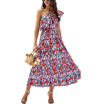 Летняя женская лента со скошенными плечами с цветочными оборками 2023 года и большим распашным платьем Изображение 2
