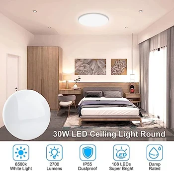 Светодиодный Потолочный светильник INDMIRD 30 Вт, Круглый Потолочный светильник, Спальня, Белый 6500 К, Водонепроницаемый IP55, Светильник для ванной комнаты, Современное светодиодное потолочное освещение