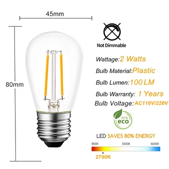 S14 Сменный светодиодный светильник Edison Light 2 Вт, эквивалентный 20 Вт E27, Теплый Белый 2700K, Уличные струнные Светильники, Винтажные прозрачные светодиодные лампы Изображение 2