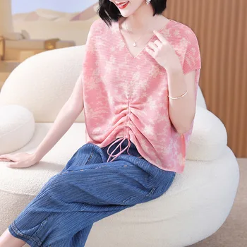 Женская Плиссированная модная футболка Miyake, новинка Лета 2023, V-образный вырез, Короткие рукава, принт, завязки на животе, Универсальная рубашка Изображение 2