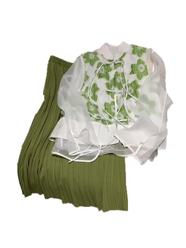 Летняя Женская одежда в китайском стиле, Костюм в национальном стиле Тан, Зеленый Жилет с принтом, Рубашка, Комплект из двух предметов