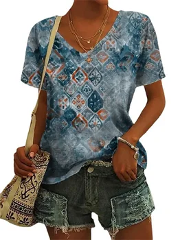 Женские летние топы 2023, Модная Новая Свободная повседневная футболка с геометрическим цветочным принтом, короткими рукавами и V-образным вырезом, Женская