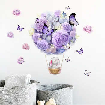 Цветочный воздушный шар с Кроликом и Бабочкой, наклейка на стену для комнаты Девочки, украшения спальни, Фоновые обои, Плакат домашнего декора