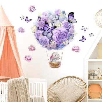 Цветочный воздушный шар с Кроликом и Бабочкой, наклейка на стену для комнаты Девочки, украшения спальни, Фоновые обои, Плакат домашнего декора Изображение 2