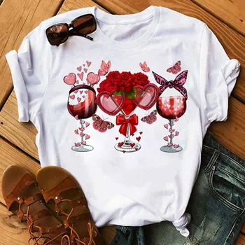 Три бокала для вина, Красное Сердце Любви, Принт Розы, Новая Модная Женская футболка, Топы с коротким рукавом, Женская Летняя футболка с графическим Рисунком, Одежда