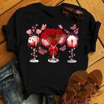 Три бокала для вина, Красное Сердце Любви, Принт Розы, Новая Модная Женская футболка, Топы с коротким рукавом, Женская Летняя футболка с графическим Рисунком, Одежда Изображение 2
